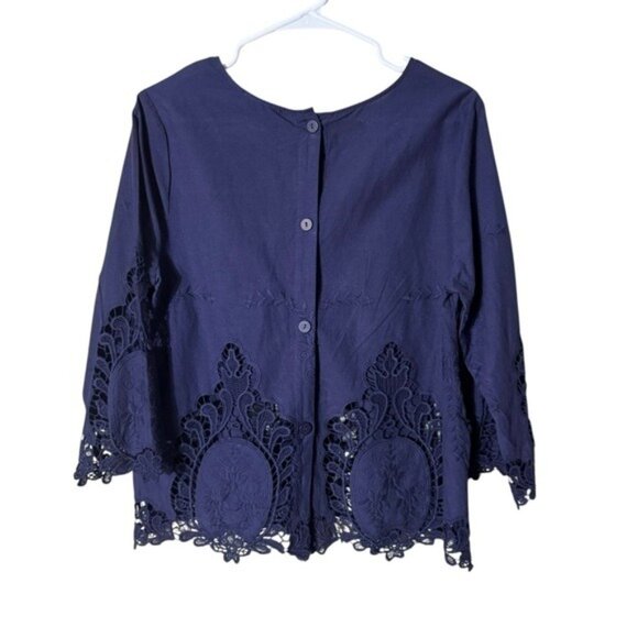 Cynthia Rowley Womens Crochet Top Blouse Medium Bohemian Fairy Navy Blue Beachy - Picture 3 of 8
